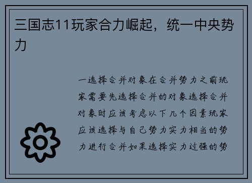 三国志11玩家合力崛起，统一中央势力